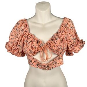 Floral Crop Top Womens M Pink Puff Sleeve Smocked Back Boho Cottagecore